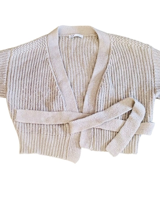 Zara Sweaters - Zara Sz L Grey Green Cropped Tie-Belt Ribbed Knit Cardigan